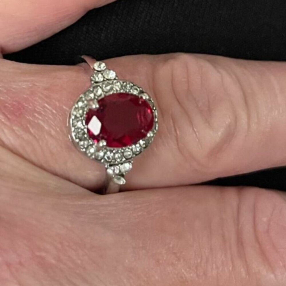 Oval Garnet and Moissanite Halo Ring in Sterling Silver - Picture 4 of 4